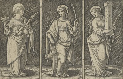 Santa Barbara a sinistra, Santa Caterina al centro, Santa Lucia a destra da Marcantonio Raimondi