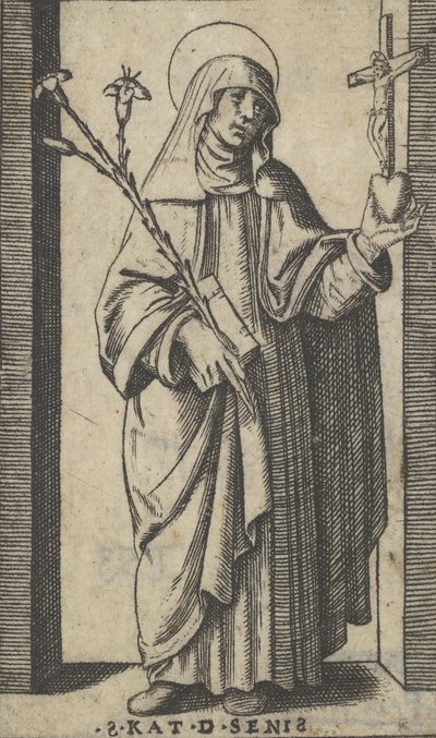 Santa Caterina da Siena in piedi con fiori e libro nella mano destra, ca. 1500-1527 da Marcantonio Raimondi