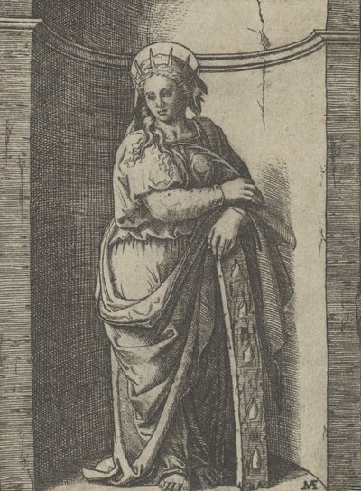 Santa Caterina in piedi in una nicchia, appoggiata a una ruota, il suo strumento di tortura da Marcantonio Raimondi