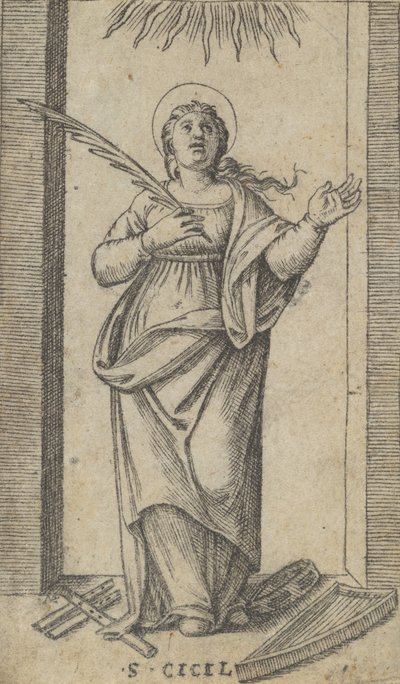 Santa Cecilia in piedi con una palma del martirio nella mano destra, ca. 1500-1527 da Marcantonio Raimondi