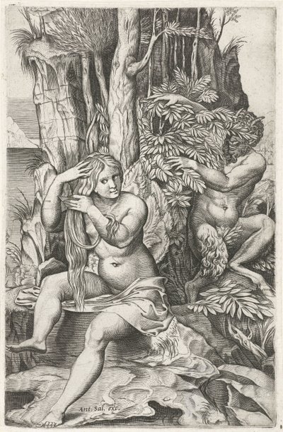 Satiro che spia una ninfa durante la sua toilette da Marcantonio Raimondi