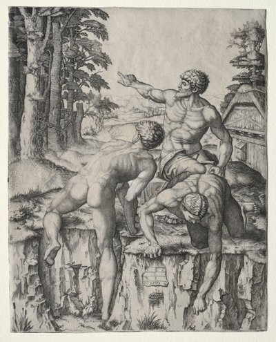 I tre scalatori. Figure dalla Battaglia di Cascina di Michelangelo, 1510 da Marcantonio Raimondi