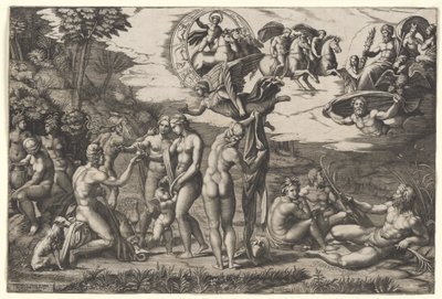Il Giudizio di Paride: seduto a sinistra con Venere, Giunone e Pallade Atena, in alto una vittoria alata, 1510-20 circa (incisione) da Marcantonio Raimondi