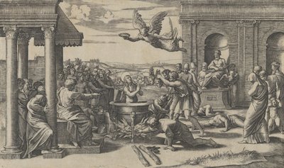 Il martirio di Santa Cecilia nuda in un grande calderone da Marcantonio Raimondi