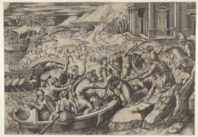 Il rapimento di Elena, scena di battaglia su una riva con due uomini che trascinano Elena in una barca da Marcantonio Raimondi