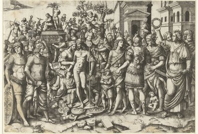 Trionfo di un imperatore romano con soldati e armature catturate da Marcantonio Raimondi