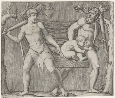 Due fauni portano un bambino in un cesto da Marcantonio Raimondi