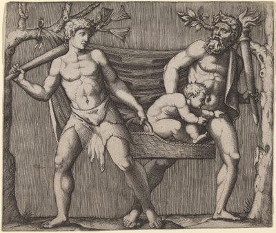 Due fauni che portano un bambino da Marcantonio Raimondi