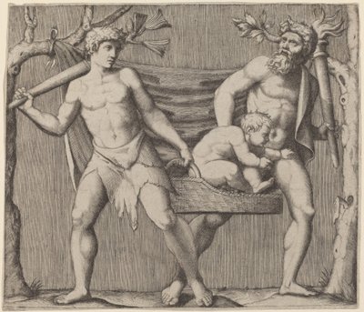 Due fauni che portano un bambino da Marcantonio Raimondi