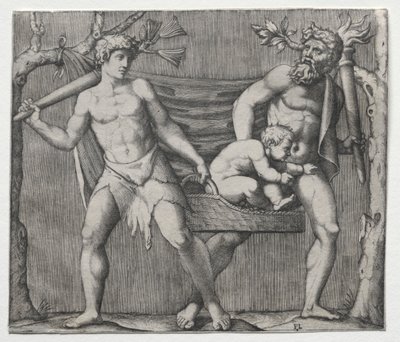 Due fauni che portano un bambino in un cesto da Marcantonio Raimondi