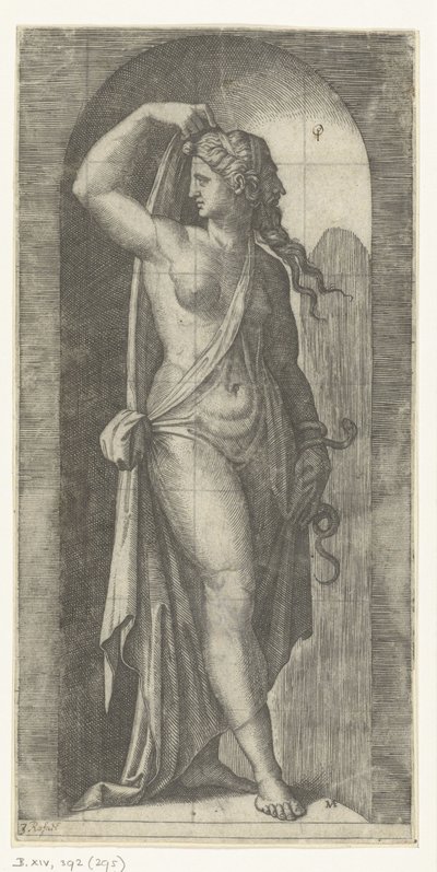 Donna come personificazione della Prudenza (Prudentia) con serpente e maschera da Marcantonio Raimondi