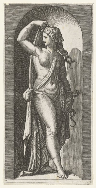 Donna come personificazione della Prudenza con serpente e maschera (Sette Virtù, titolo della serie) da Marcantonio Raimondi