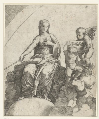 Donna con libro e scettro come personificazione della Filosofia seduta su nuvole con accanto due putti da Marcantonio Raimondi