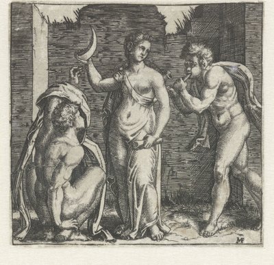Donna con mezzaluna affiancata da fauno che soffia nel corno e uomo accovacciato da Marcantonio Raimondi