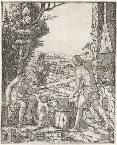 Vulcano forgia frecce e ali per Amore in presenza di Venere da Marcantonio Raimondi