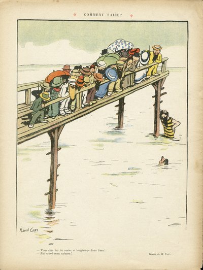 Illustrazione di Marcel Capy (1865-1941) in Le Rire, 24/08/12 - Come farlo? - Tempo libero, Architettura Urbanistica, Marina Marittima Balneare, Nuoto, Folla da Marcel Amable O.L. Capy