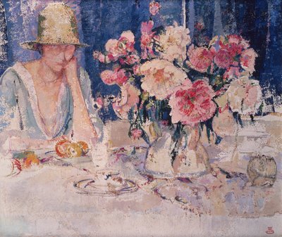 Donna al tavolo carico di fiori da Marcel Jefferys