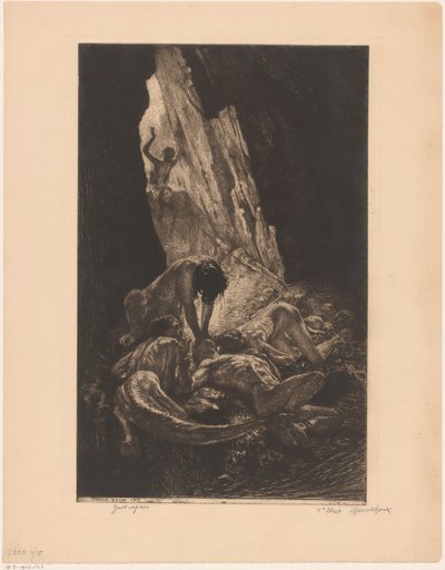 Interno di una grotta oscura con creature che divorano un uomo nudo da Marcel Roux (signed by artist)