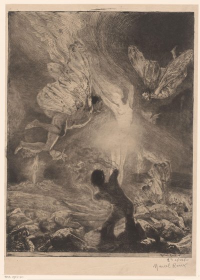 Fiamma a forma di donna, con uomini alati che si bruciano e cadono da Marcel Roux (signed by artist)