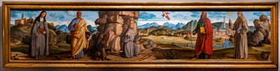 San Francesco riceve le stimmate tra Santa Chiara e Pietro, il beato Bartolomeo di Breganze, e San Paolo e Bernardino da Marcello Fogolino