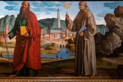 San Francesco riceve le stimmate tra Santa Chiara e Pietro, il beato Bartolomeo di Breganze, e San Paolo e Bernardino, dettaglio da Marcello Fogolino