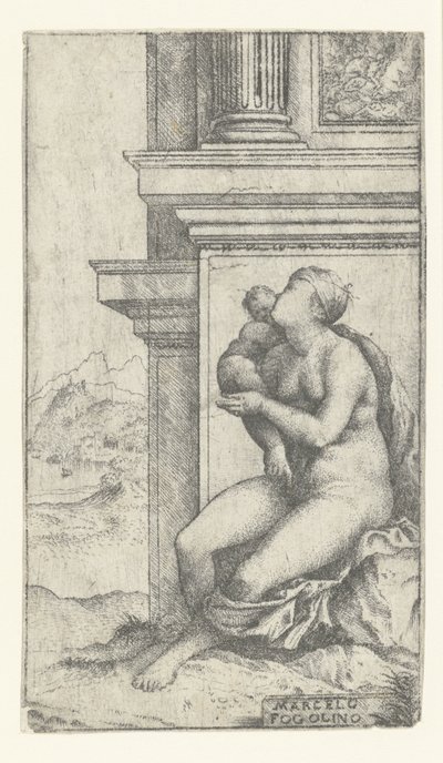 Donna con bambino seduta presso un edificio classico da Marcello Fogolino