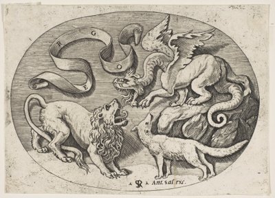 Un leone, un drago e una volpe che combattono tra loro, una banderuola iscritta sopra, un ovale, ca. 1515-27 da Marco Dente