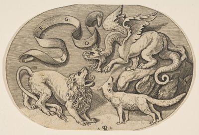 Un leone, un drago e una volpe che si combattono, una banderuola iscritta sopra, ca. 1515-27 da Marco Dente