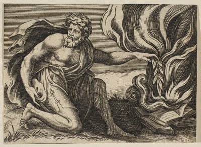 Un uomo inginocchiato che pone un ramo di alloro su un mucchio di libri in fiamme, ca. 1515-27 da Marco Dente