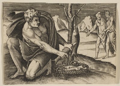 Un uomo inginocchiato accanto a un cesto di pesci e ne prende uno con entrambe le mani, due uomini a..., ca. 1515-27 da Marco Dente