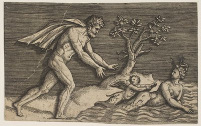 Un uomo nudo che insegue una naiade e un cupido nell