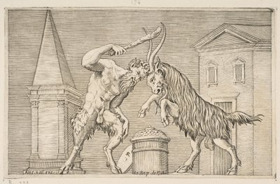 Un satiro e un ariete che si attaccano a vicenda, il satiro brandisce una clava con la mano destra, ca. 1515-27 da Marco Dente