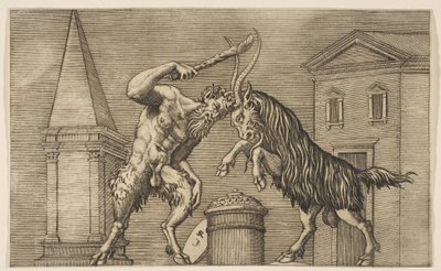Un satiro e un ariete che si attaccano a vicenda, il satiro brandisce una clava con la mano destra, ca. 1515-27 da Marco Dente