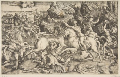 Scena di battaglia in un paesaggio con soldati a cavallo e diversi uomini caduti, un altro..., ca. 1520 da Marco Dente