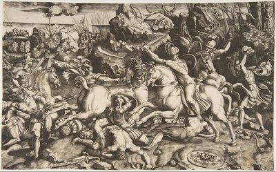 Scena di battaglia in un paesaggio con soldati a cavallo e diversi uomini caduti, ca. 1520 da Marco Dente