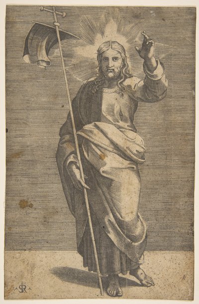 Cristo in piedi rivolto in avanti, con una croce e un vessillo e alzando la mano sinistra da Marco Dente