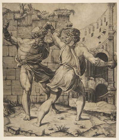Entello e Dare che combattono davanti a rovine classiche, 1520-25 da Marco Dente