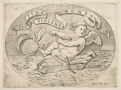 Eros che fugge via mare, Cupido usa il suo arco per spingere una barca fatta con la sua faretra, ca. 1515-27 da Marco Dente