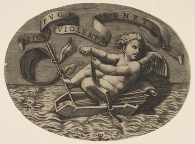 Eros che scappa via mare usando il suo arco per spingere una barca fatta con la sua faretra, ca. 1515-27 da Marco Dente