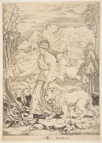 Fortezza in vista di profilo che cammina verso un fuoco a sinistra e conduce un leone imbrigliato, ca. 1515-27 da Marco Dente