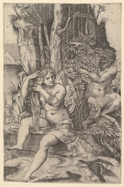 Pan che spia la ninfa Siringa seduta su una roccia, pettinandosi i capelli, ca. 1516-20 da Marco Dente