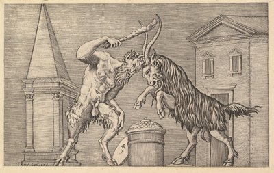 Speculum Romanae Magnificentiae: Un satiro e un ariete che si scontrano, XVI secolo da Marco Dente