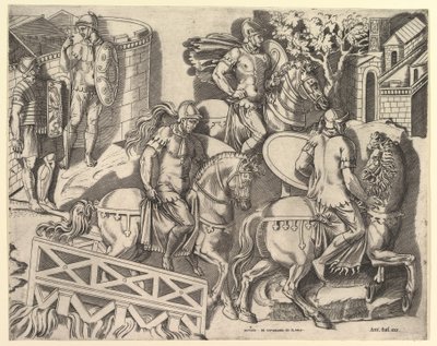 Speculum Romanae Magnificentiae: Cavalieri romani che attraversano un ponte da Traiano, XVI secolo da Marco Dente