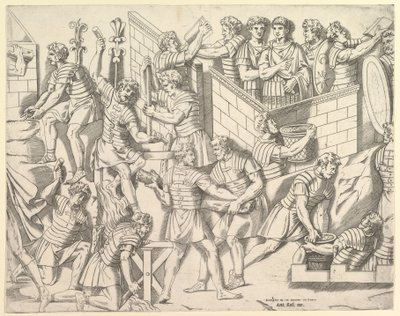 Speculum Romanae Magnificentiae: Soldati romani che fortificano il loro campo, da Traiano..., XVI secolo da Marco Dente
