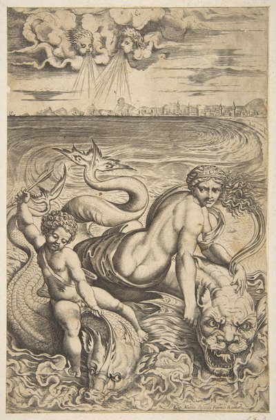 Venere e Cupido che cavalcano due mostri marini, Cupido alza una freccia nella mano destra, ca. 1515-27 da Marco Dente