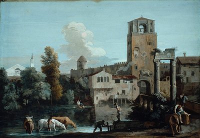 Un Capriccio con Cavalli che si Abbeverano in un Fiume Fuori da una Città Fortificata da Marco Ricci