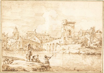 Un villaggio fortificato lungo un fiume da Marco Ricci