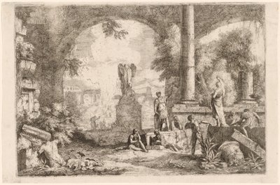 Capriccio di rovine antiche con uomini che osservano un oratore classico da Marco Ricci