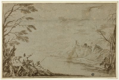 Cacciatori con cane accanto al fiume da Marco Ricci