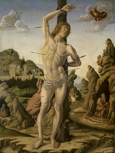 San Sebastiano in un paesaggio roccioso con i santi Girolamo, Antonio Abate e Cristoforo da Marco Zoppo